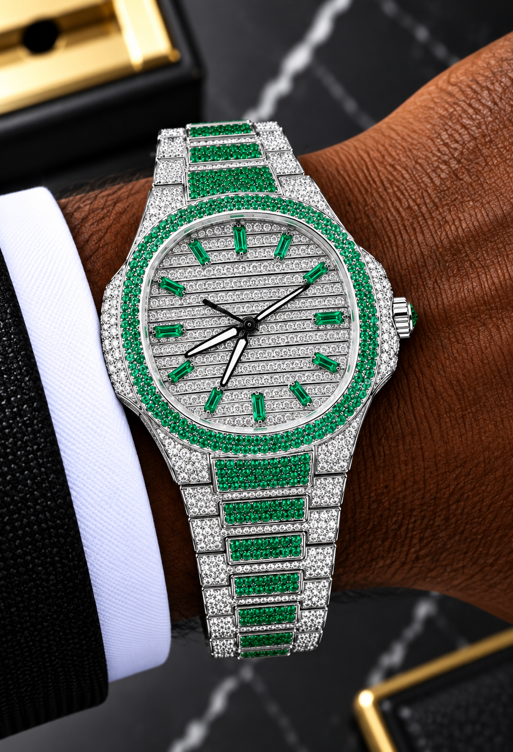 41MM Emerald Green & White Full Moissanite Diamond Watch – Silver Tone