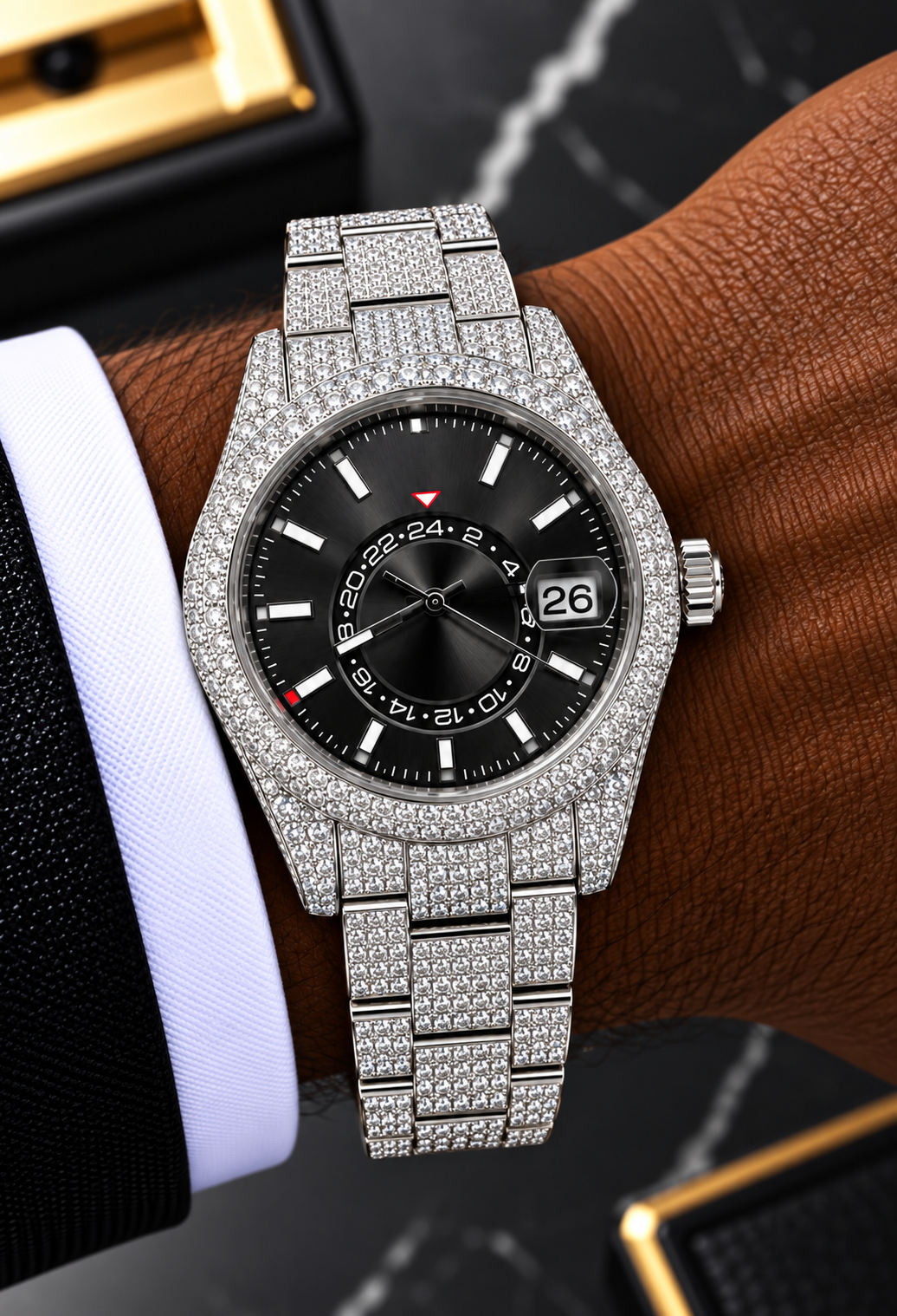 41MM Black Dial Full Moissanite Diamond Watch – Silver Iced-Out Edition