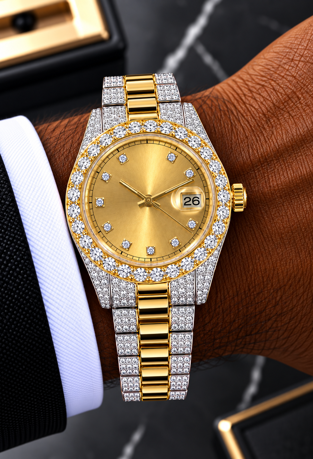 41MM Two-Tone Gold & Silver Moissanite Diamond Watch – Champagne Dial
