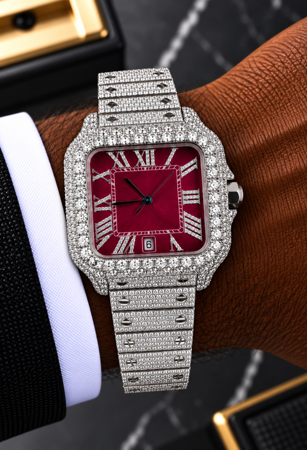 41MM Red Dial Full Moissanite Diamond Square Watch – Silver Iced-Out Edition