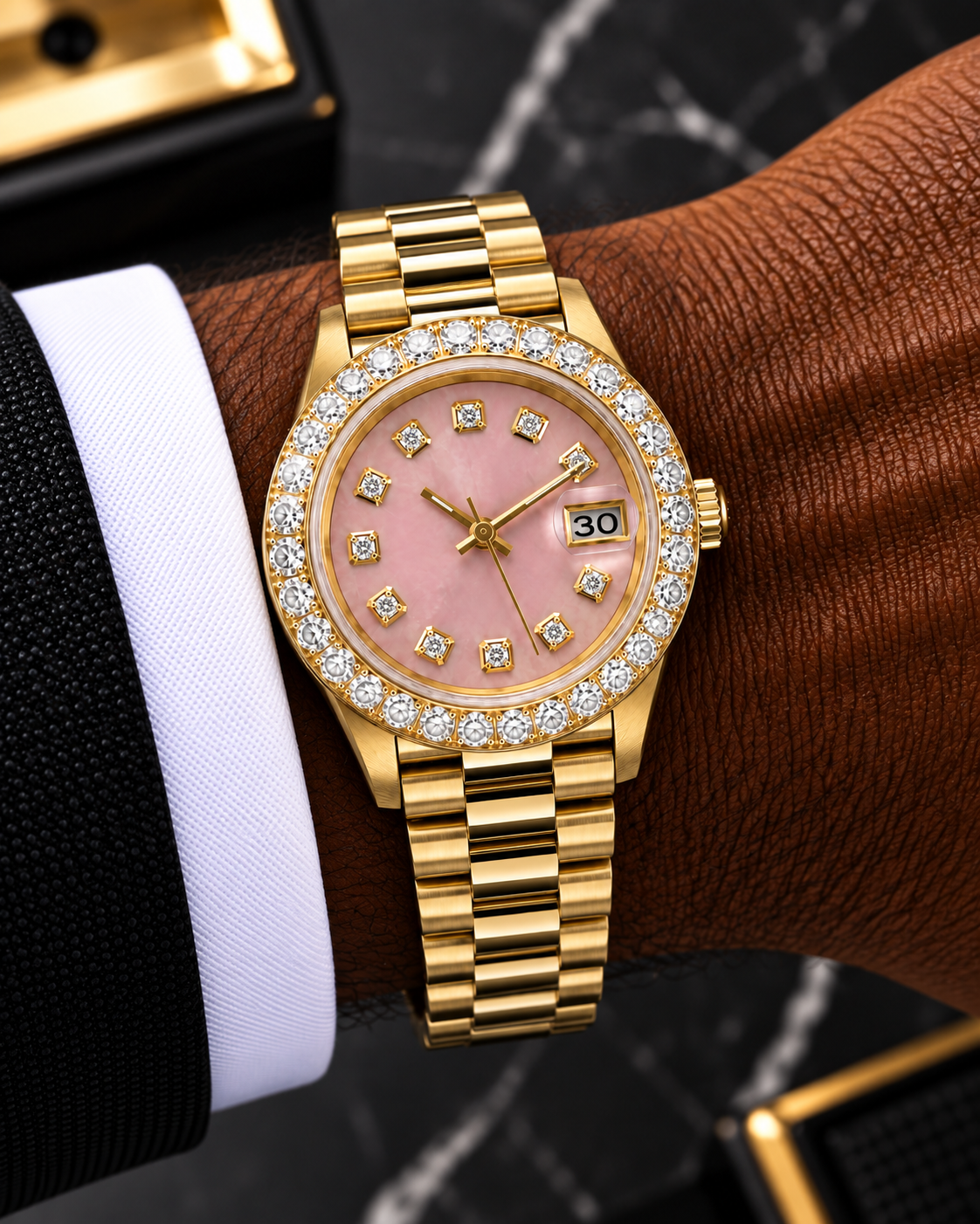 41MM Pink Dial Gold-Tone Moissanite Diamond Watch – Iced Bezel