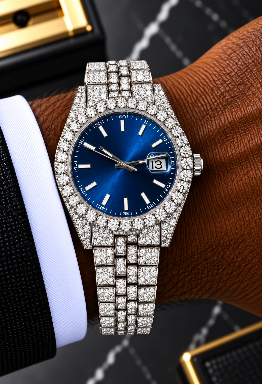 Royal Blue Dial Fully Iced-Out Moissanite Watch – Silver Finish