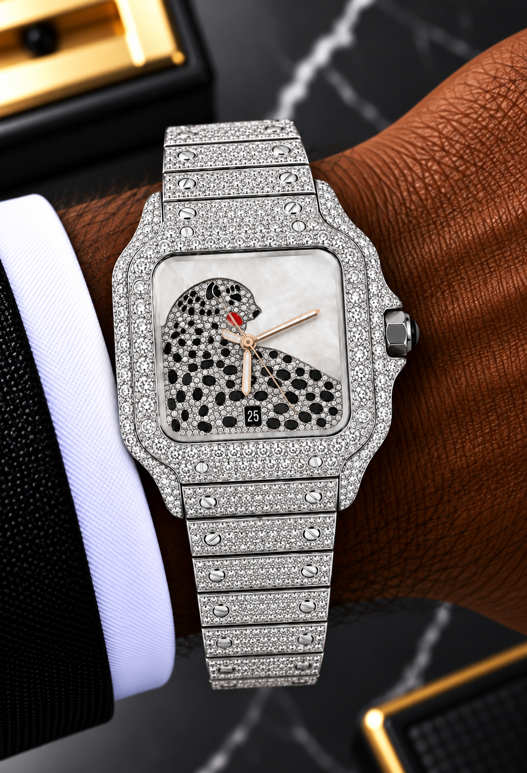 Panther Dial Fully Iced-Out Moissanite Square Watch – Silver Finish