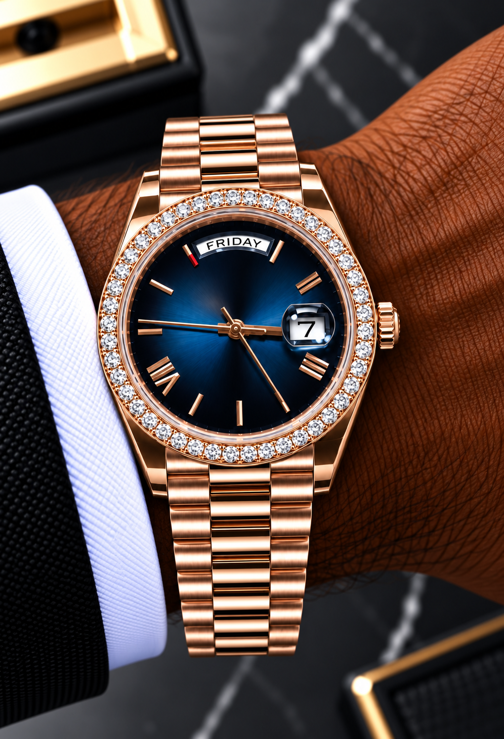 Rose Gold Blue Dial Moissanite Bezel Day-Date Watch