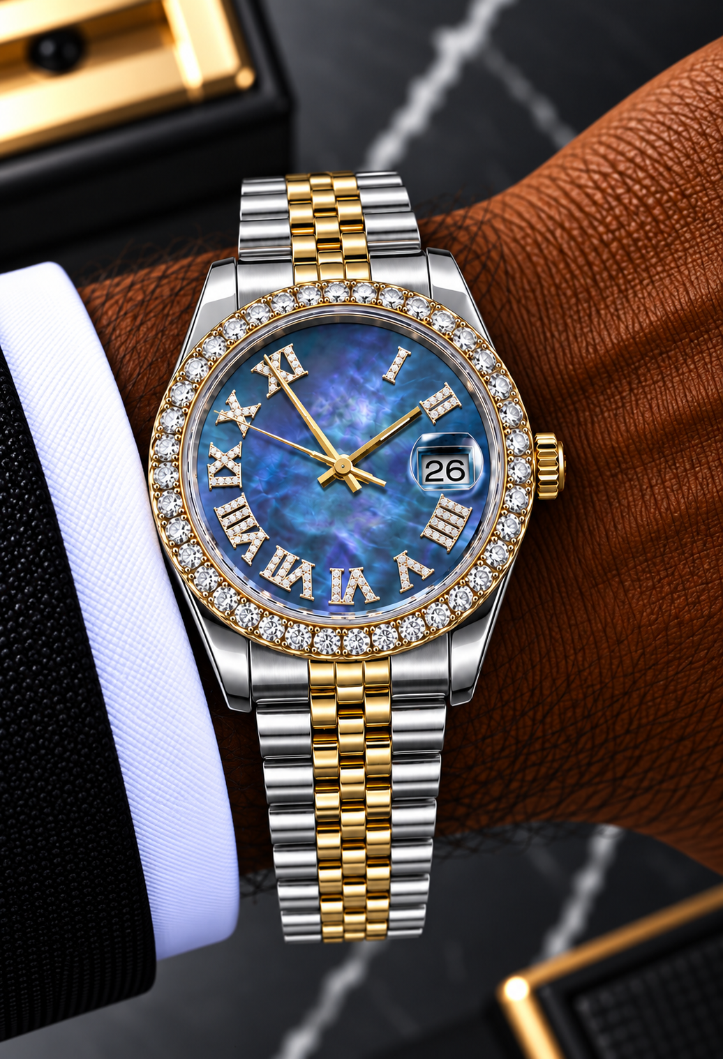 Blue Mother-of-Pearl Two-Tone Moissanite Bezel Watch
