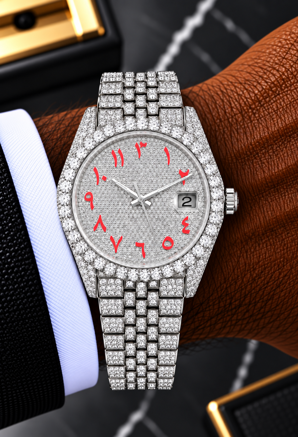 Red Arabic Dial Fully Iced-Out Moissanite Watch – Silver Finish