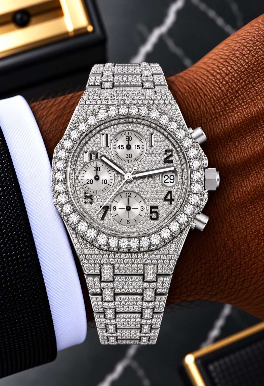 Fully Iced-Out Moissanite Chronograph Watch – Silver Pavé Dial