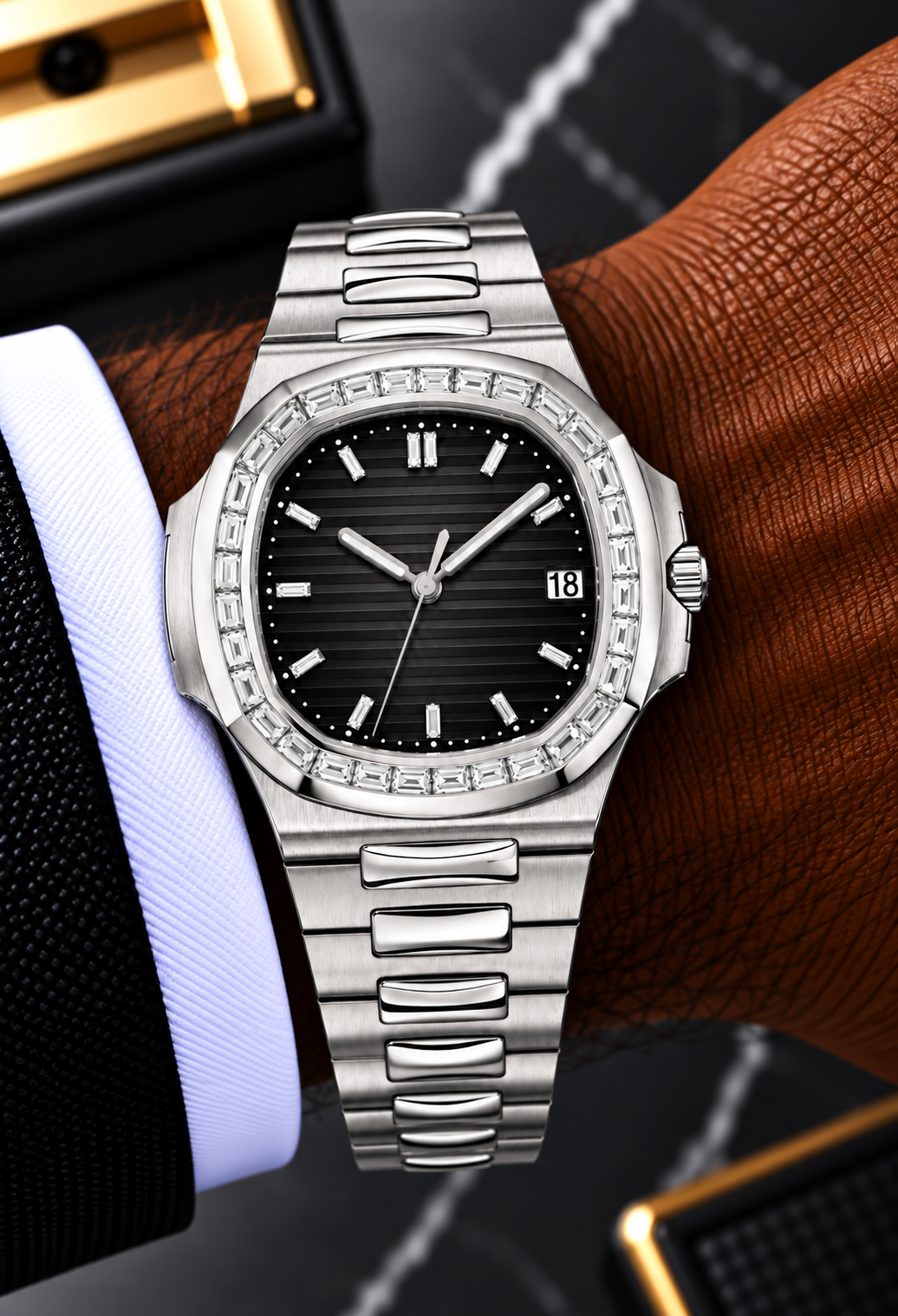Black Dial Baguette Moissanite Bezel Luxury Watch – Silver Finish