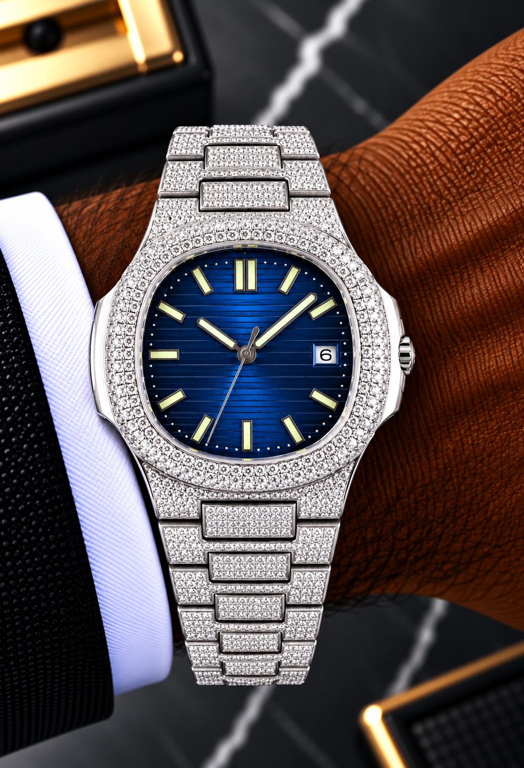 Blue Dial Fully Iced Moissanite Luxury Watch – Silver Finish