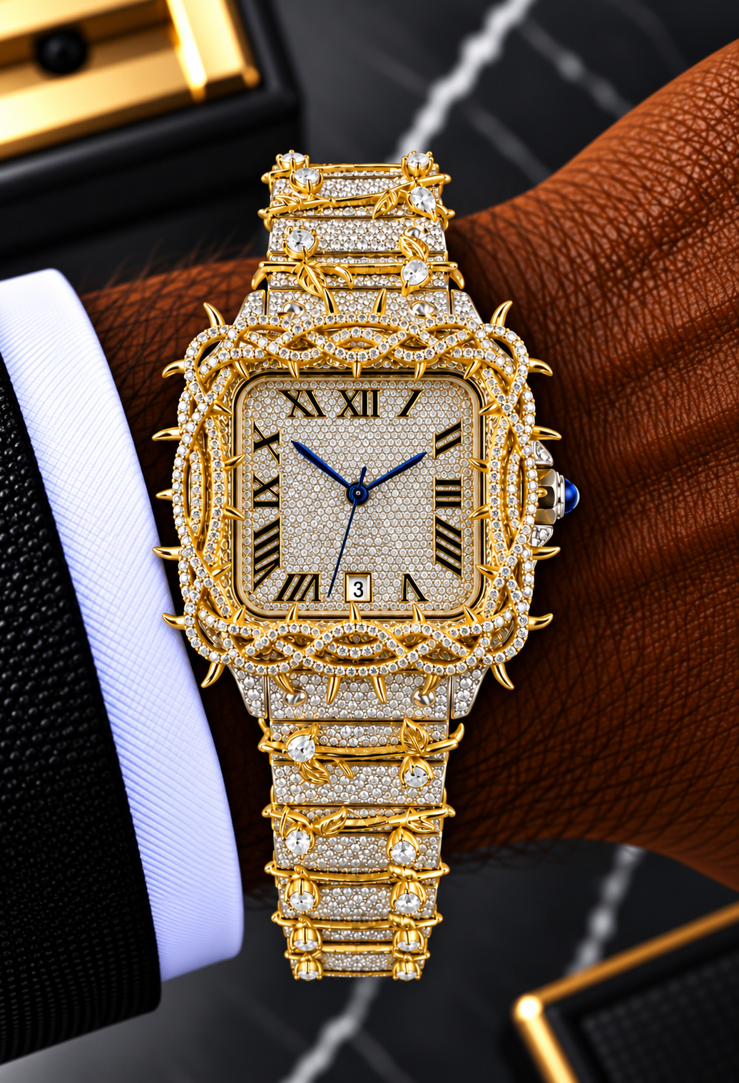 Royal Thorn & Vine Fully Iced Moissanite Watch – Two-Tone Gold & Silver