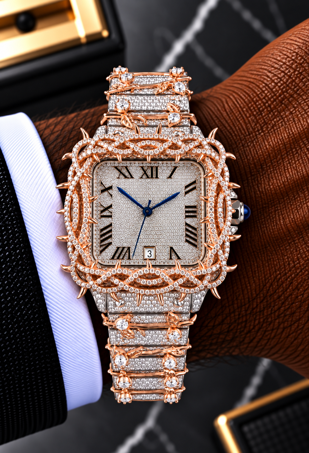 Rose Gold Thorn & Vine Fully Iced Moissanite Watch – Silver Two-Tone