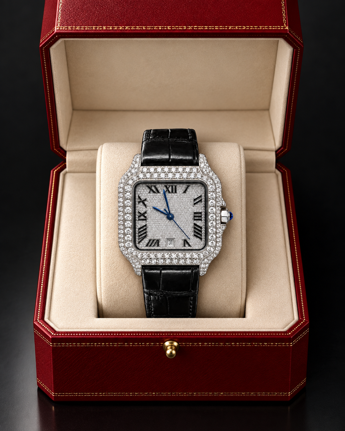 41MM Iced-Out Moissanite Watch with Black Leather Strap – VVS Moissanite