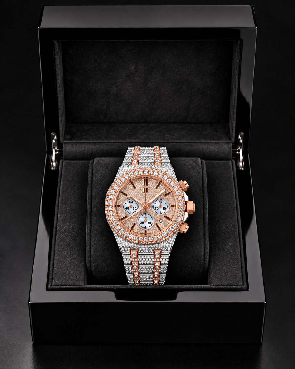 41MM Rose Gold Two-Tone Iced-Out Moissanite Chronograph Watch