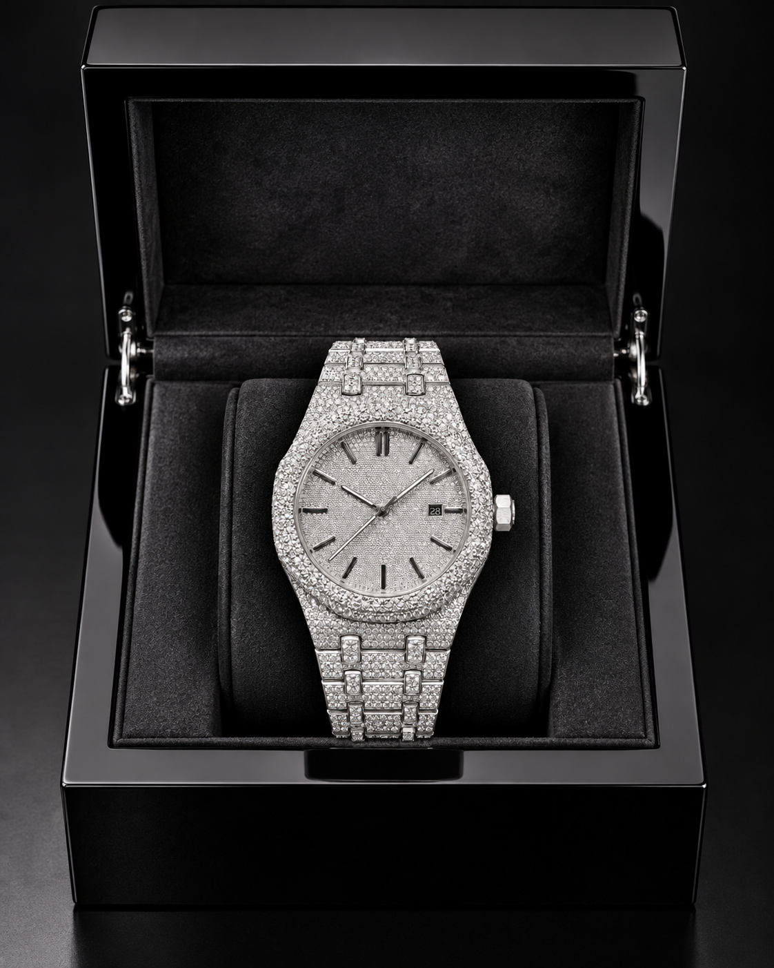 41MM Full Iced-Out Moissanite Watch – Silver Pave Dial & Bracelet