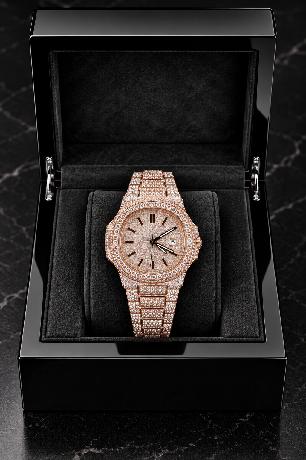 41MM Rose Gold Full Iced-Out Moissanite Watch – Pave Dial & Bracelet