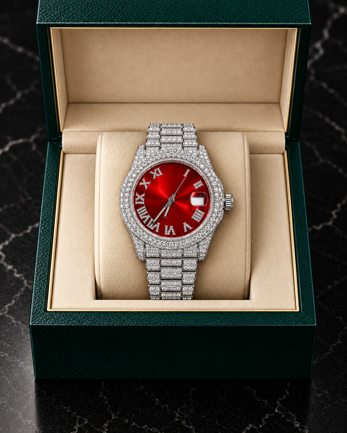 41MM Red Dial Full Iced-Out Moissanite Watch – Silver Tone