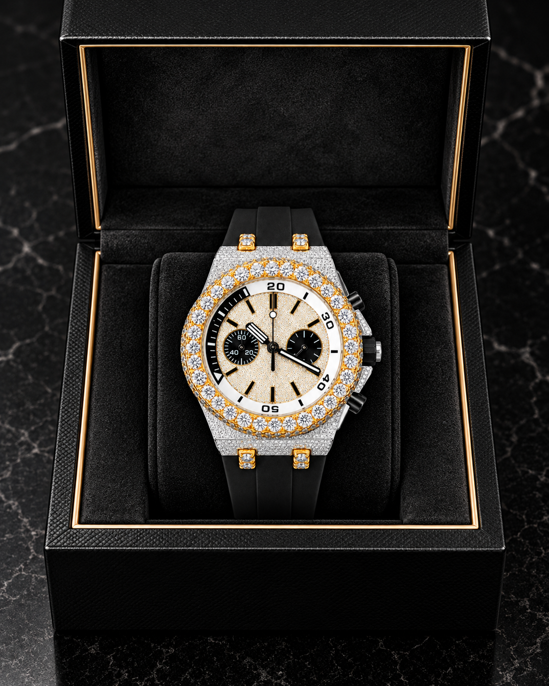 41MM Two-Tone Iced-Out Moissanite Chronograph Watch – Black Rubber Strap