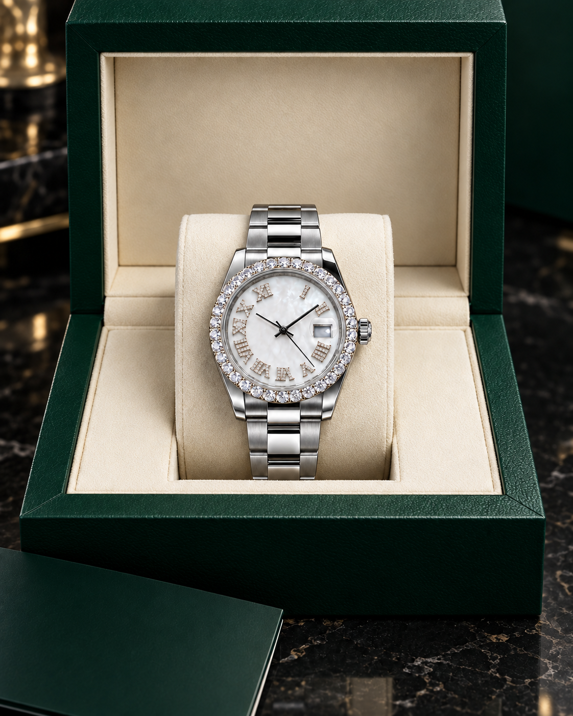 41MM Moissanite Bezel Watch – Mother of Pearl Dial & Silver Bracelet