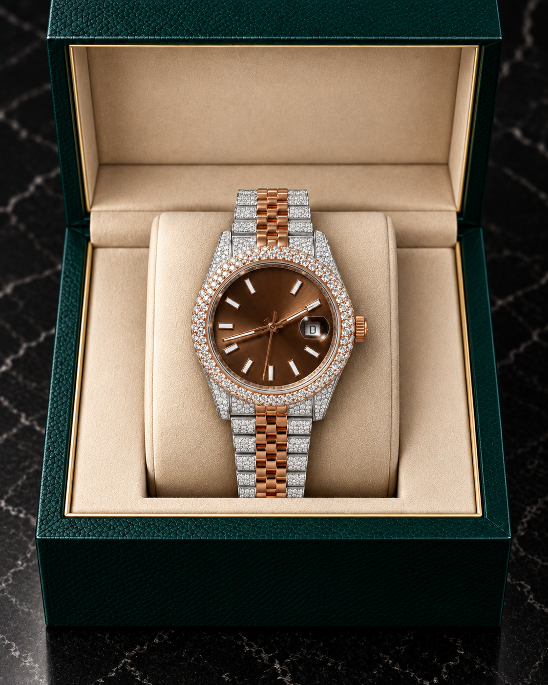 41MM Two-Tone Moissanite Diamond Watch – Chocolate Dial