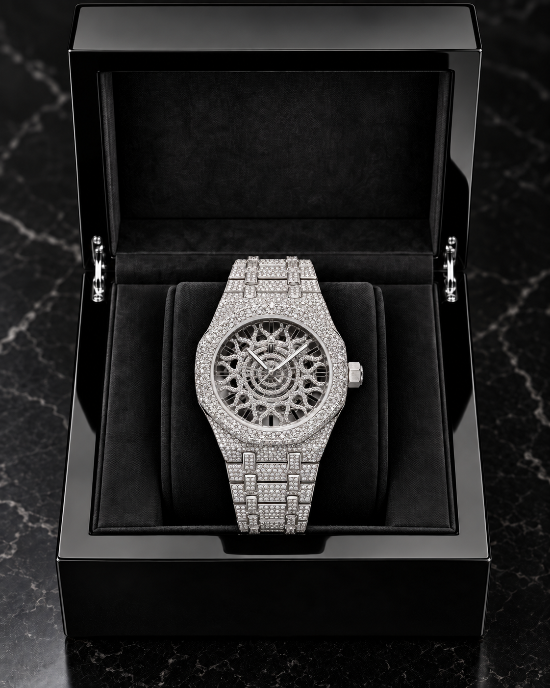 41MM Full Moissanite Skeleton Watch – Fully Iced-Out Silver Finish