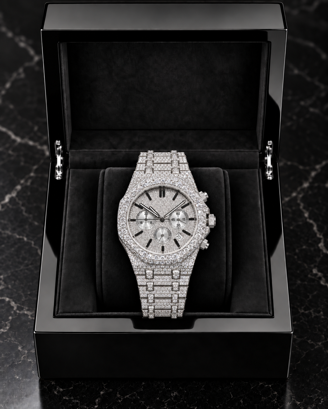 41MM Full Moissanite Chronograph Watch – Silver Iced-Out Edition