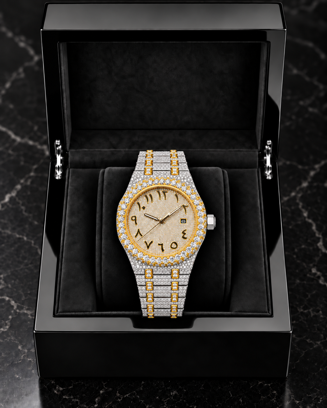 41MM Two-Tone Moissanite Arabic Dial Watch – Full Iced-Out Edition