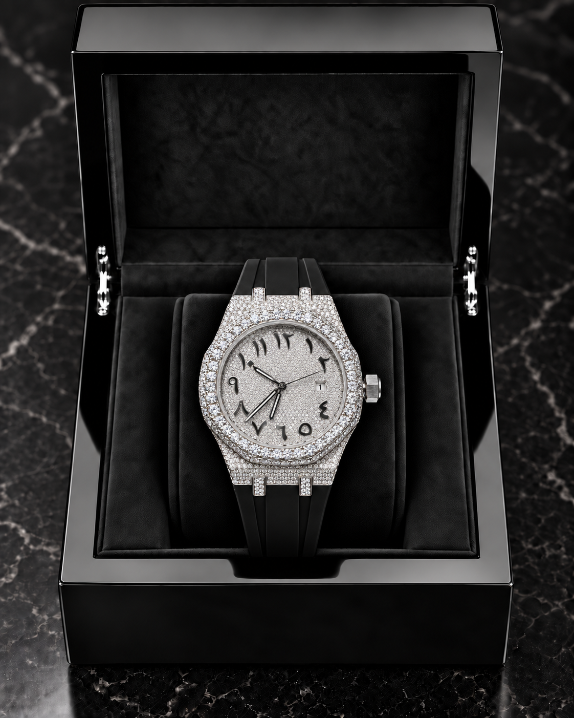 41MM Moissanite Arabic Dial Watch – Black Rubber Strap | Full Iced-Out