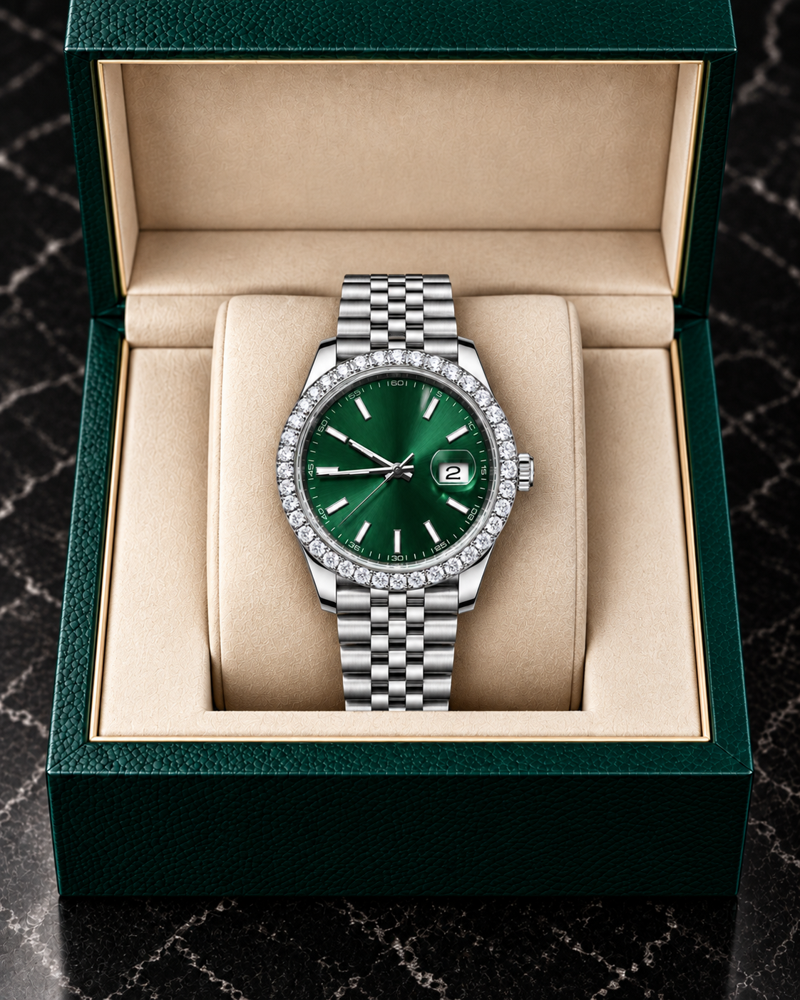 41MM Green Dial Moissanite Bezel Watch – Silver Stainless Steel