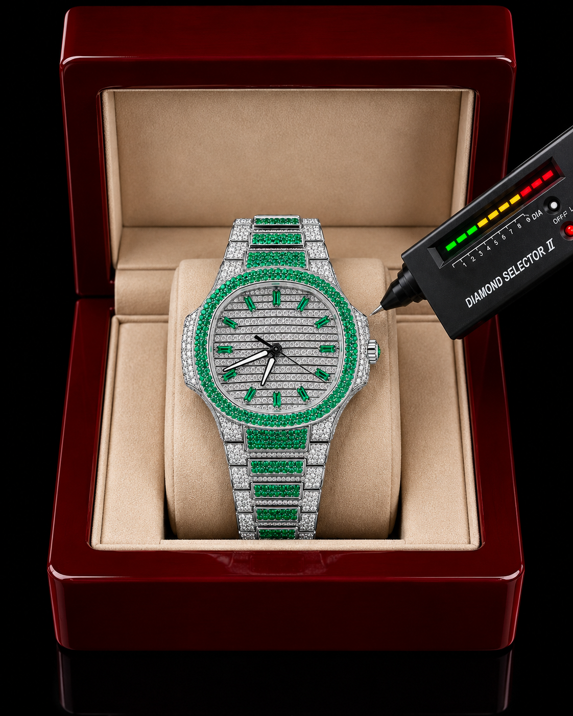41MM Emerald Green & White Full Moissanite Diamond Watch – Silver Tone