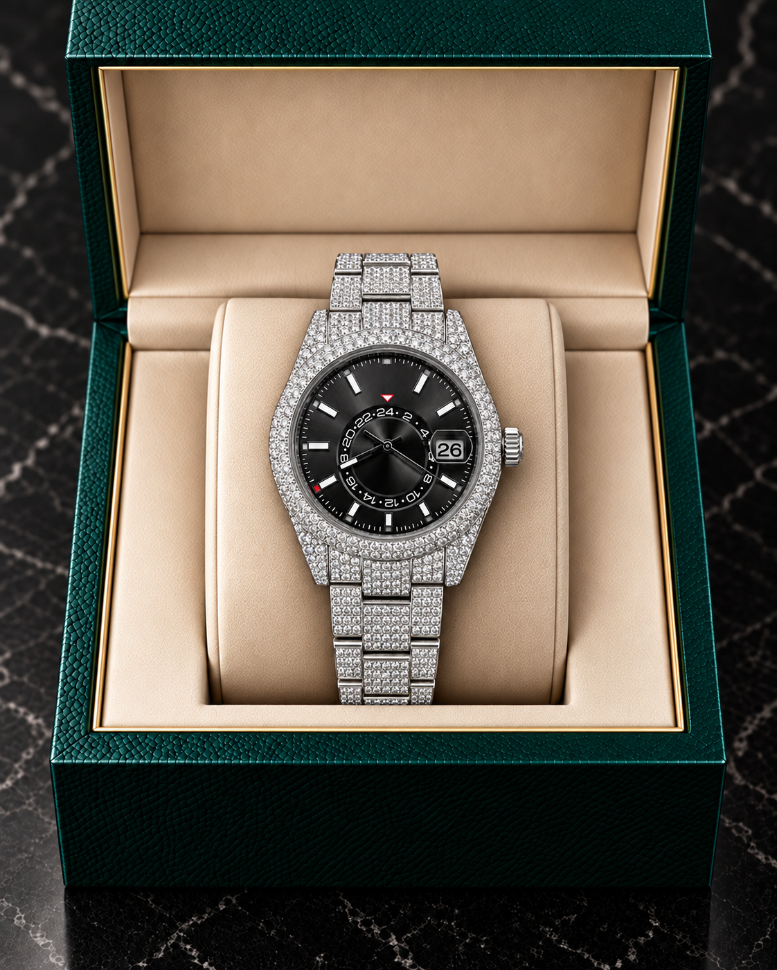 41MM Black Dial Full Moissanite Diamond Watch – Silver Iced-Out Edition
