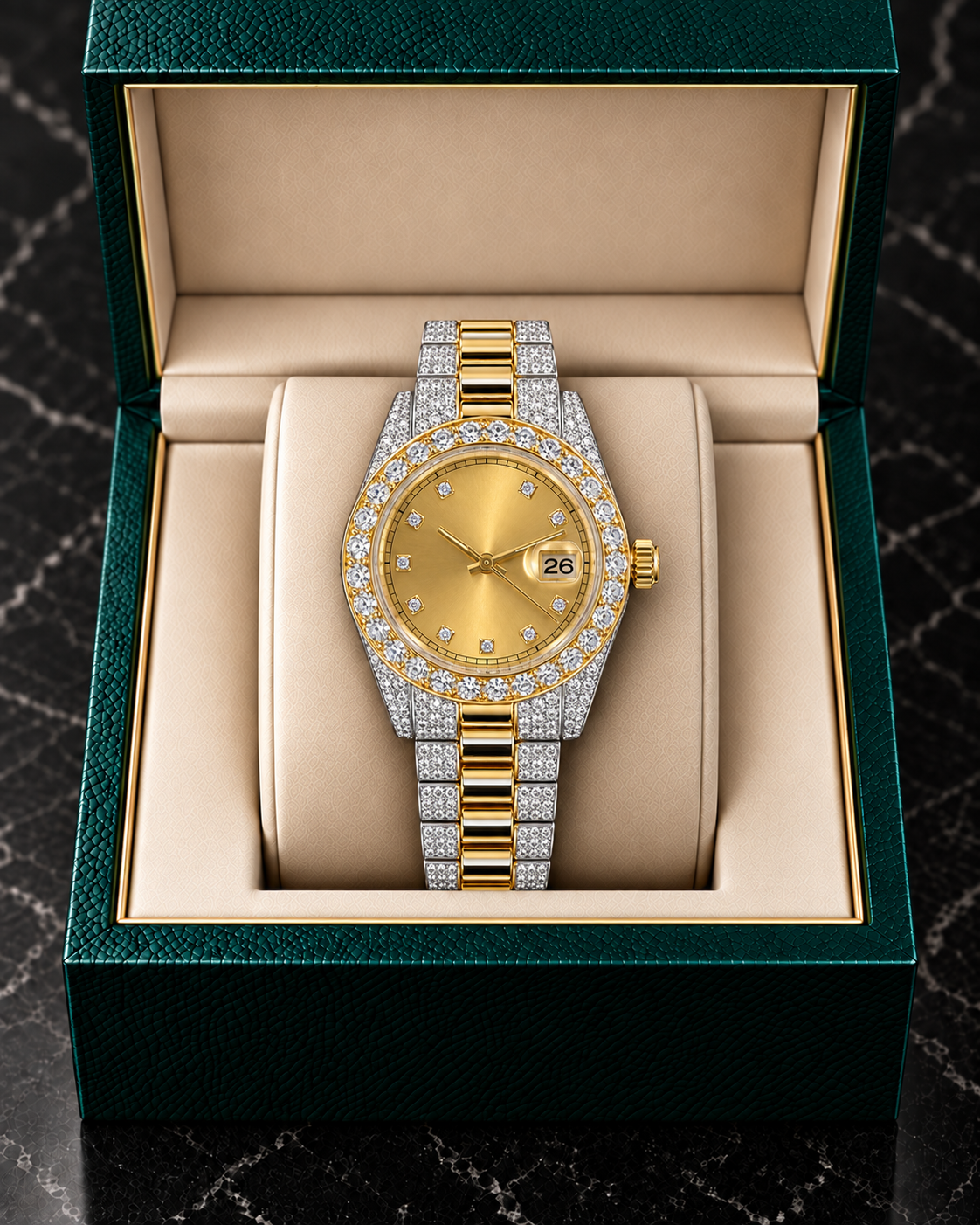41MM Two-Tone Gold & Silver Moissanite Diamond Watch – Champagne Dial