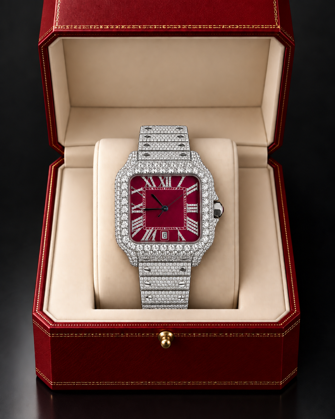 41MM Red Dial Full Moissanite Diamond Square Watch – Silver Iced-Out Edition