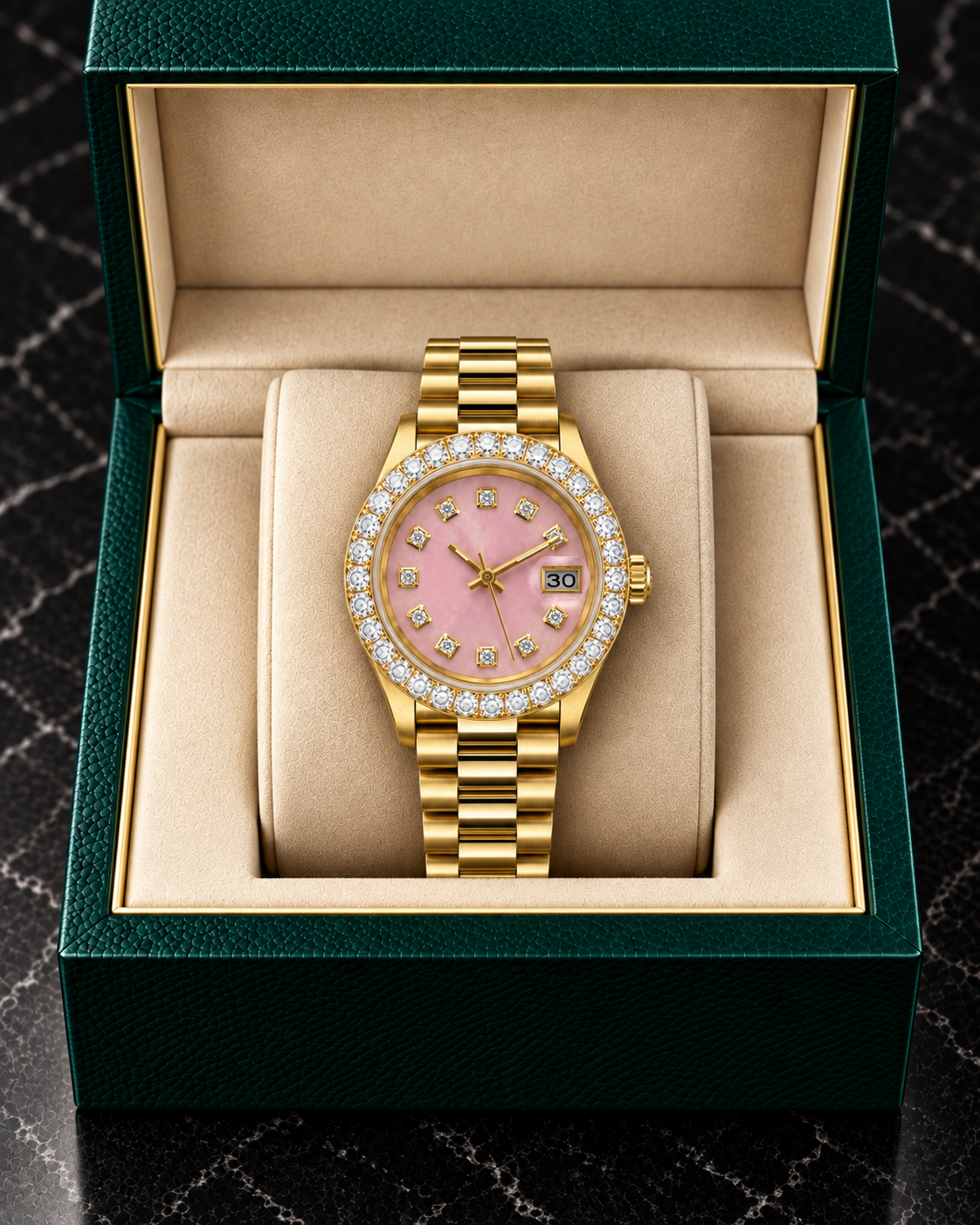 41MM Pink Dial Gold-Tone Moissanite Diamond Watch – Iced Bezel