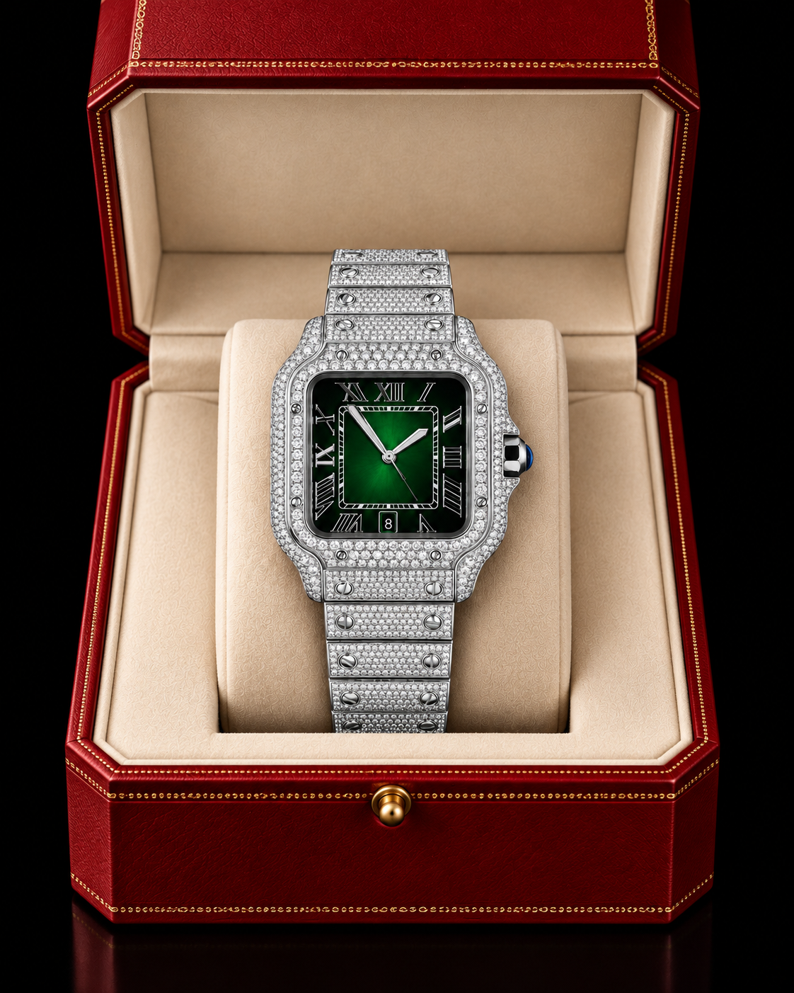 Green Dial Iced-Out Moissanite Square Watch – Full Diamond Style
