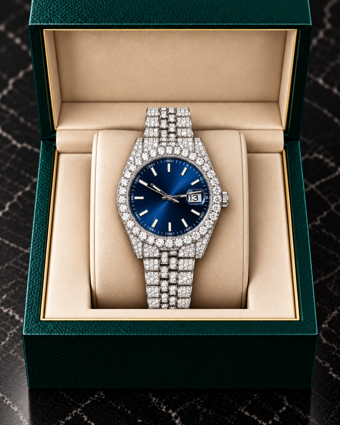 Royal Blue Dial Fully Iced-Out Moissanite Watch – Silver Finish