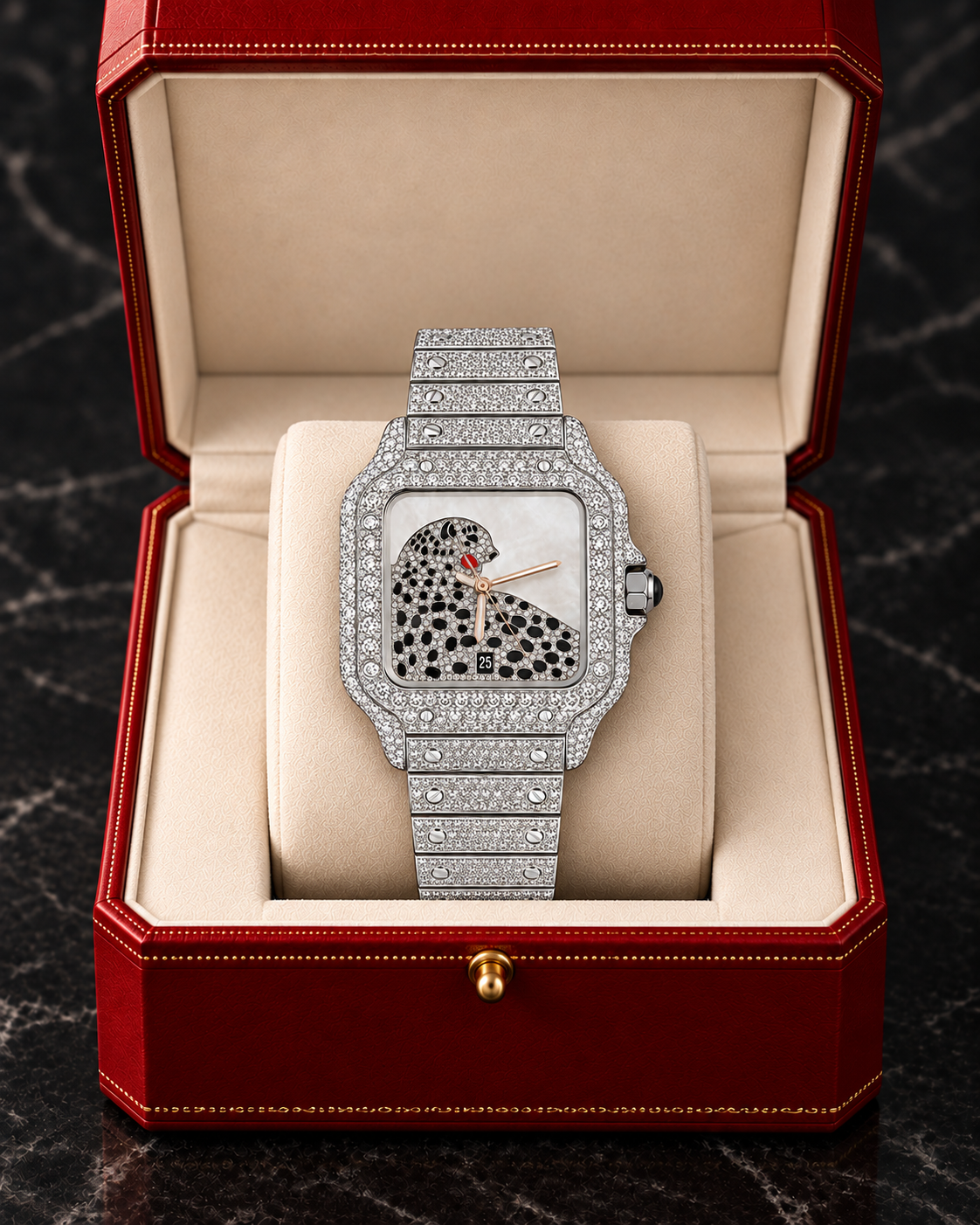 Panther Dial Fully Iced-Out Moissanite Square Watch – Silver Finish