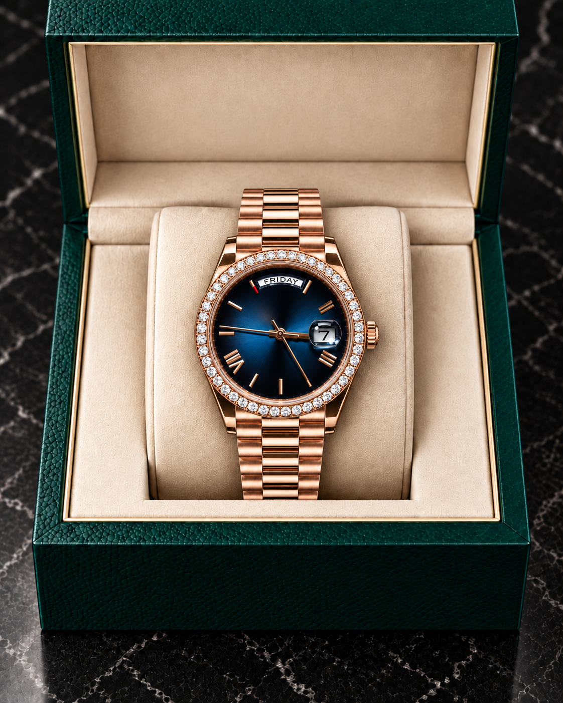 Rose Gold Blue Dial Moissanite Bezel Day-Date Watch