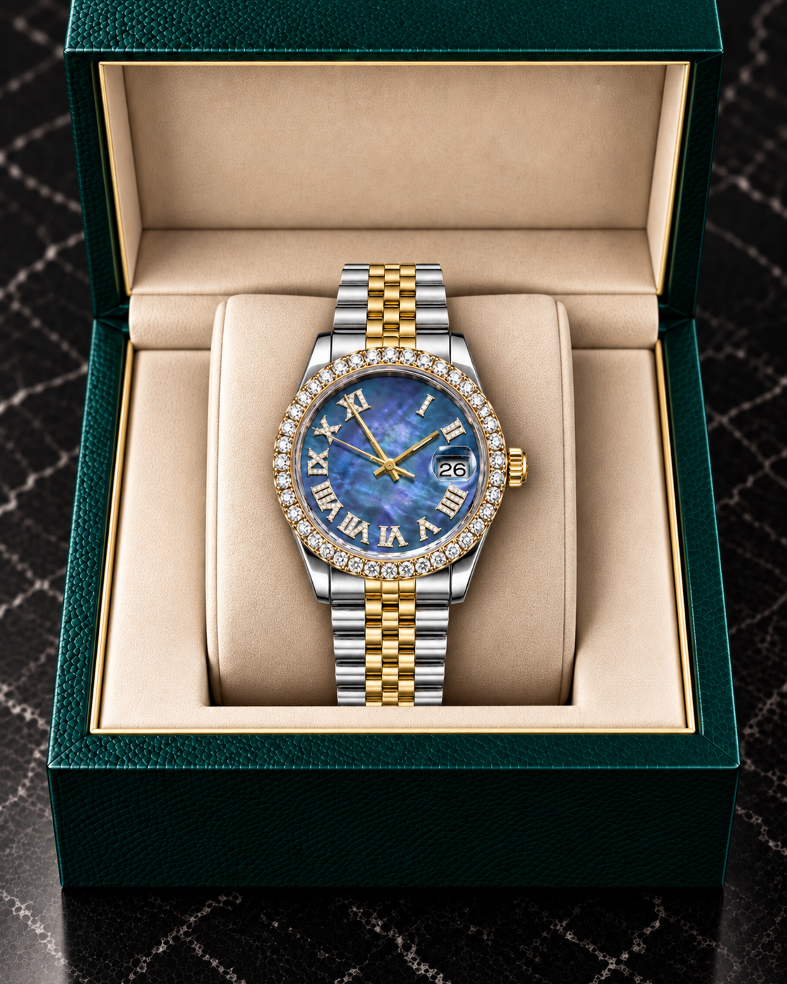 Blue Mother-of-Pearl Two-Tone Moissanite Bezel Watch