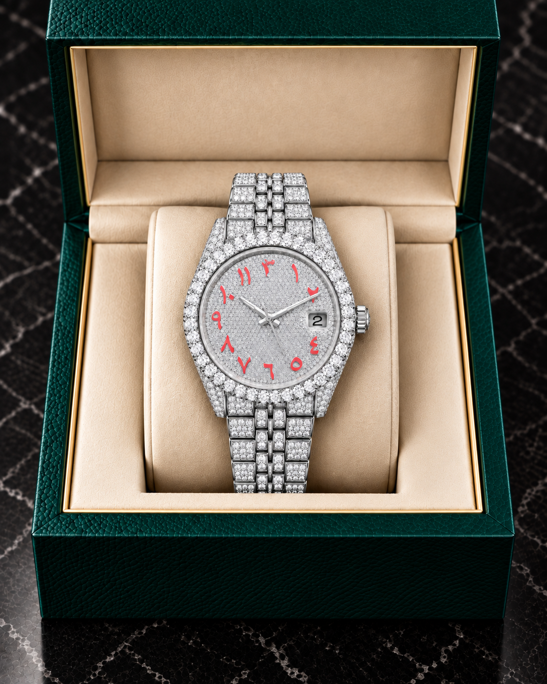 Red Arabic Dial Fully Iced-Out Moissanite Watch – Silver Finish