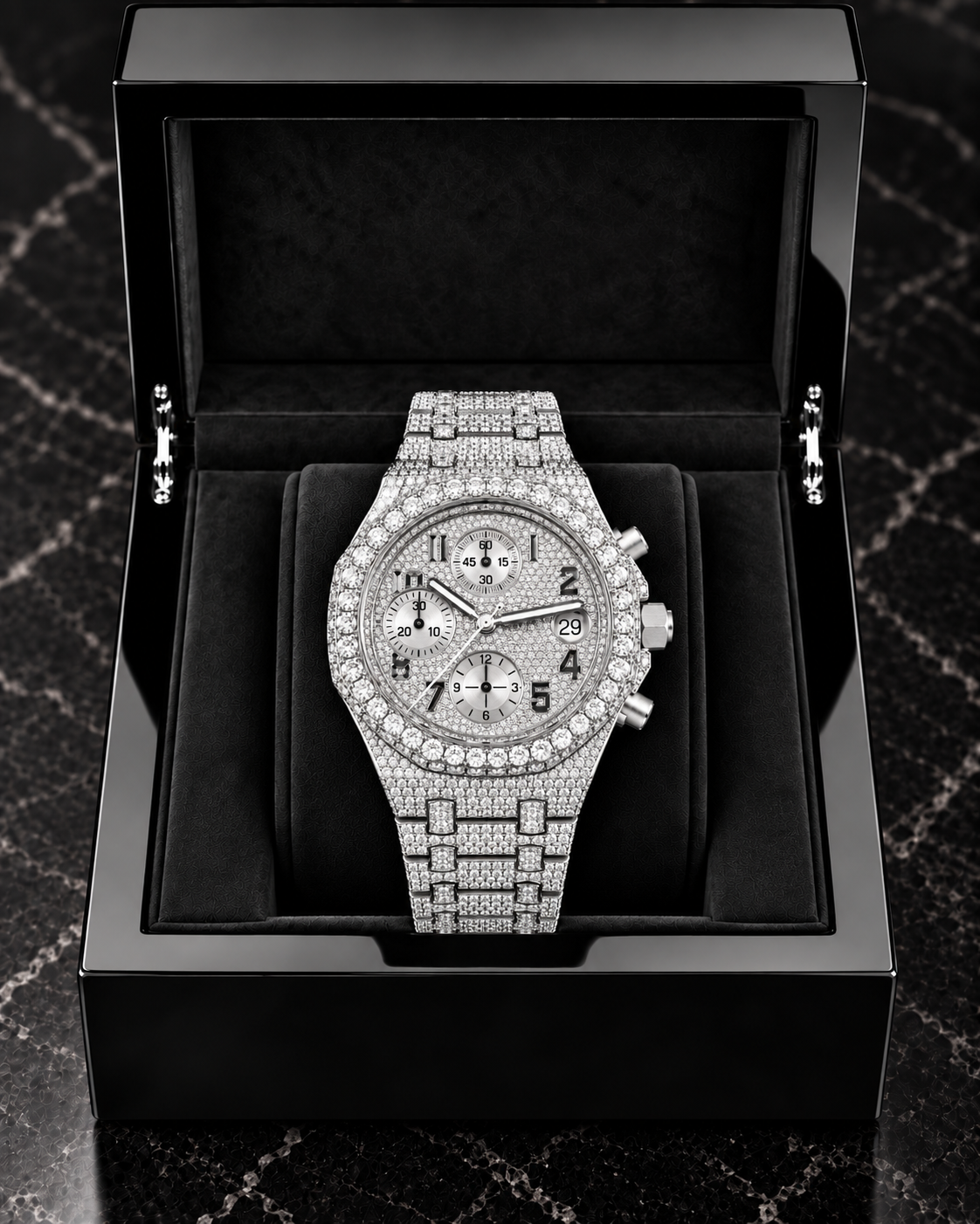 Fully Iced-Out Moissanite Chronograph Watch – Silver Pavé Dial