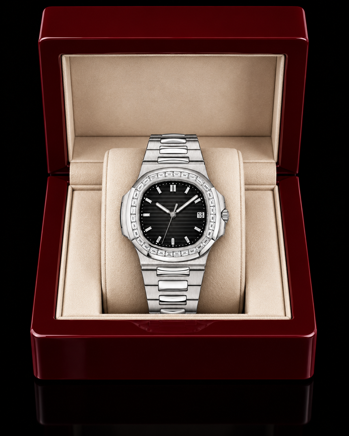 Black Dial Baguette Moissanite Bezel Luxury Watch – Silver Finish