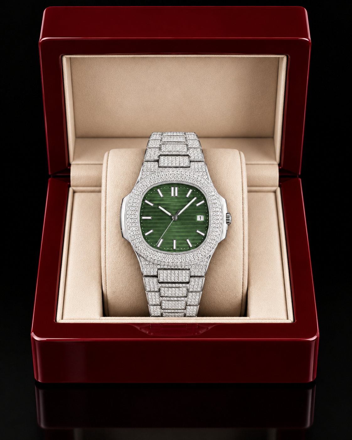 Green Dial Fully Iced Moissanite Luxury Watch – Silver Finish