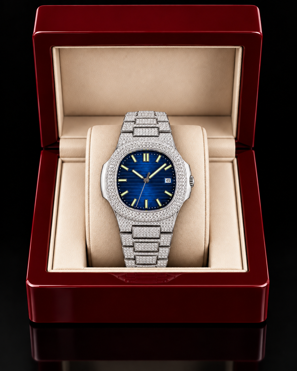 Blue Dial Fully Iced Moissanite Luxury Watch – Silver Finish