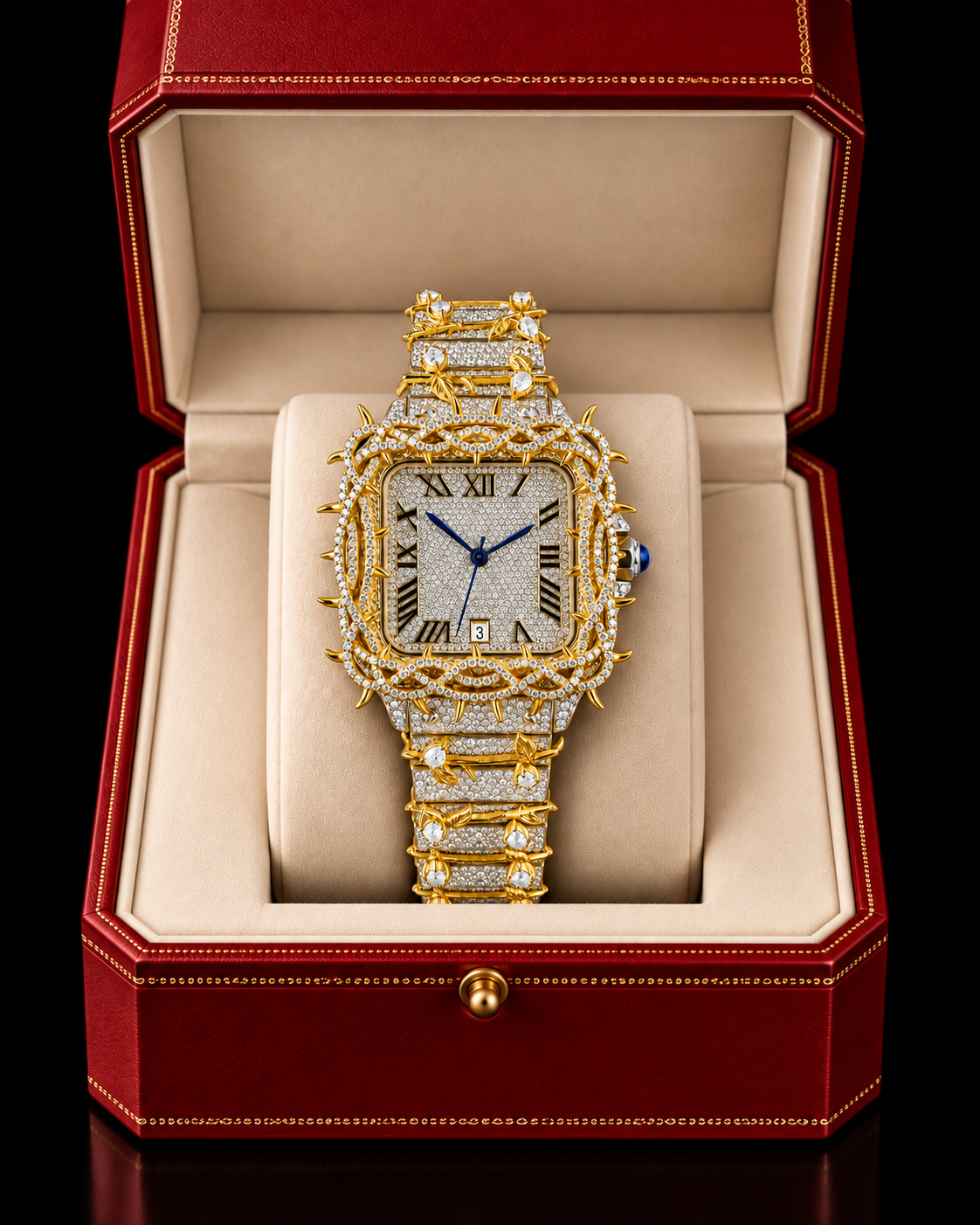 Royal Thorn & Vine Fully Iced Moissanite Watch – Two-Tone Gold & Silver