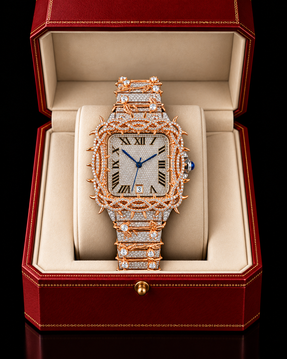 Rose Gold Thorn & Vine Fully Iced Moissanite Watch – Silver Two-Tone