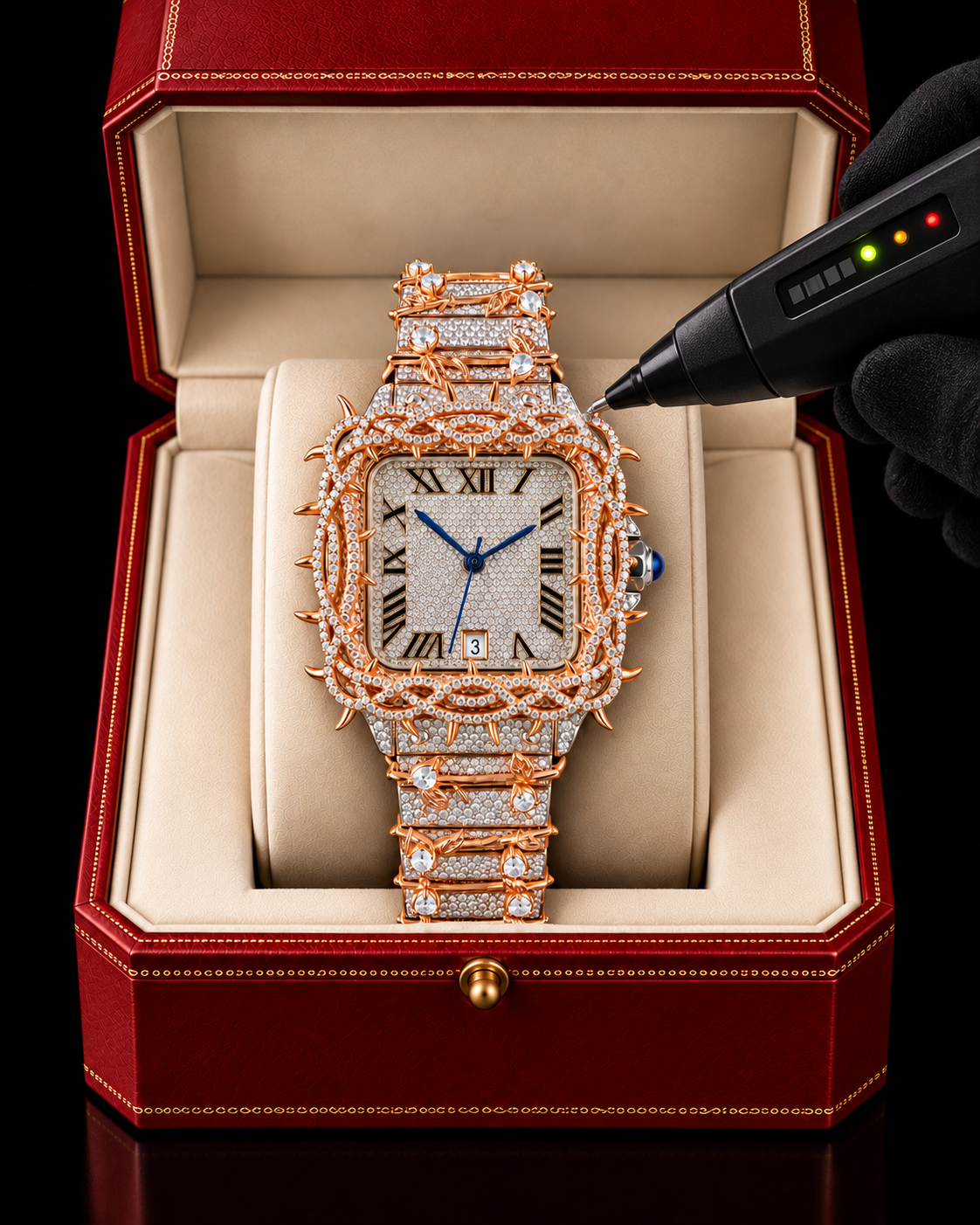 Rose Gold Thorn & Vine Fully Iced Moissanite Watch – Silver Two-Tone