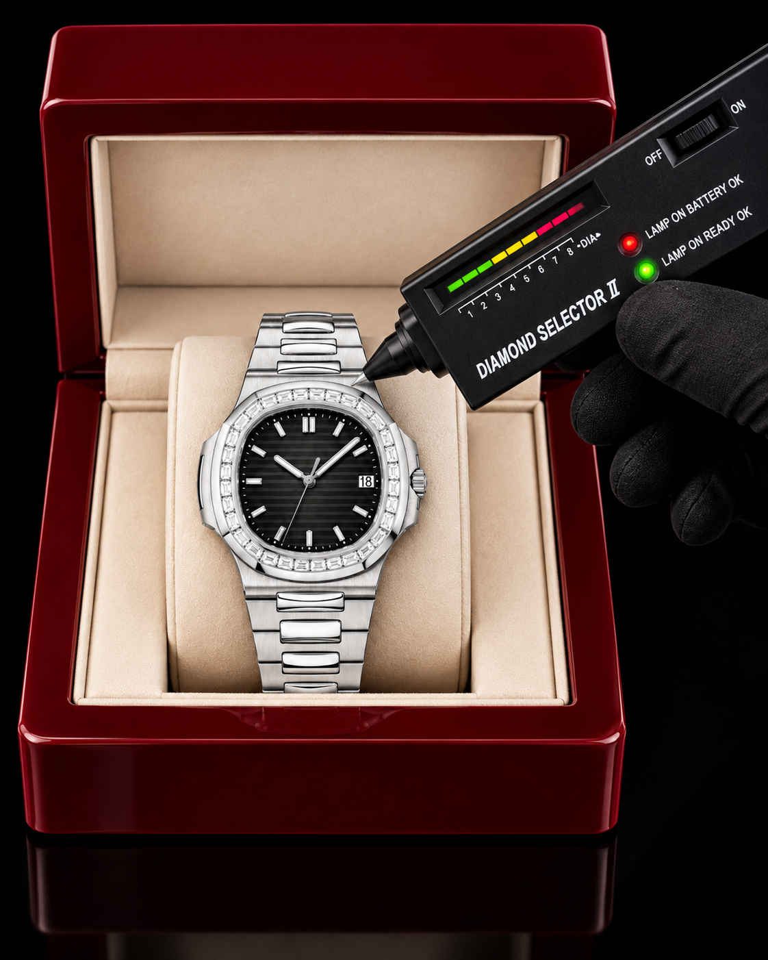Black Dial Baguette Moissanite Bezel Luxury Watch – Silver Finish