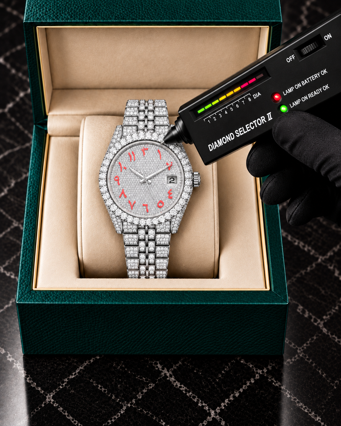 Red Arabic Dial Fully Iced-Out Moissanite Watch – Silver Finish
