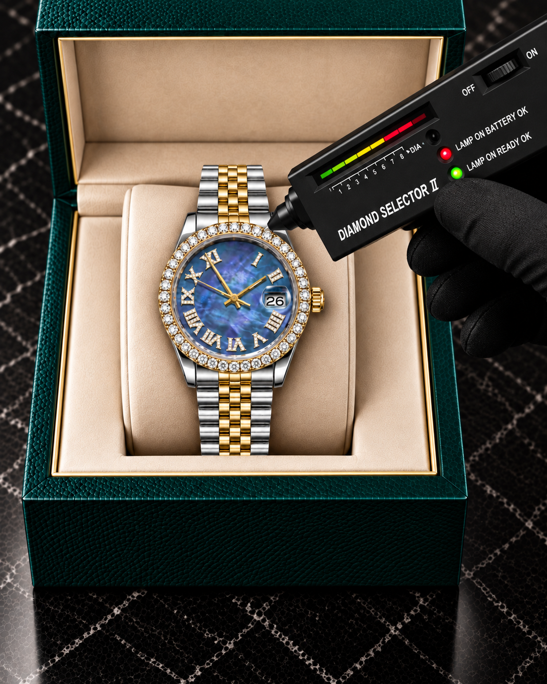 Blue Mother-of-Pearl Two-Tone Moissanite Bezel Watch