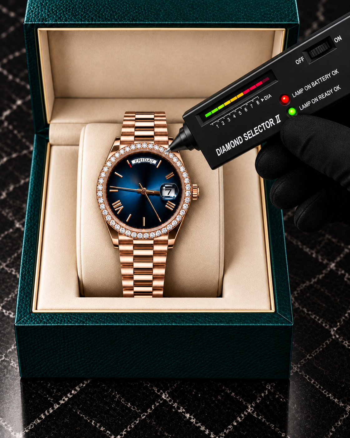 Rose Gold Blue Dial Moissanite Bezel Day-Date Watch